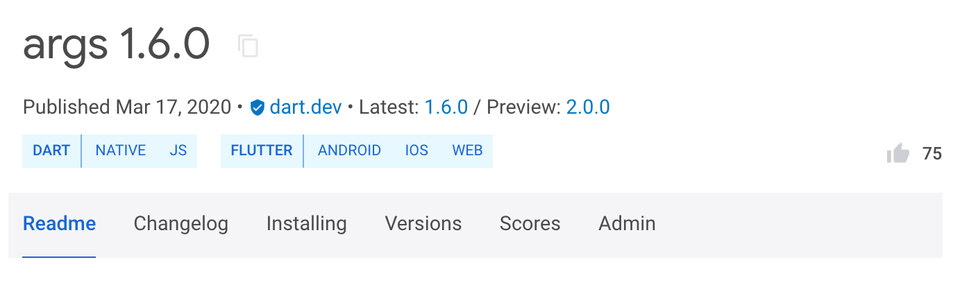 *pub.dev showing the args package with a 1.6.0 stable version and a 2.0.0 preview version*