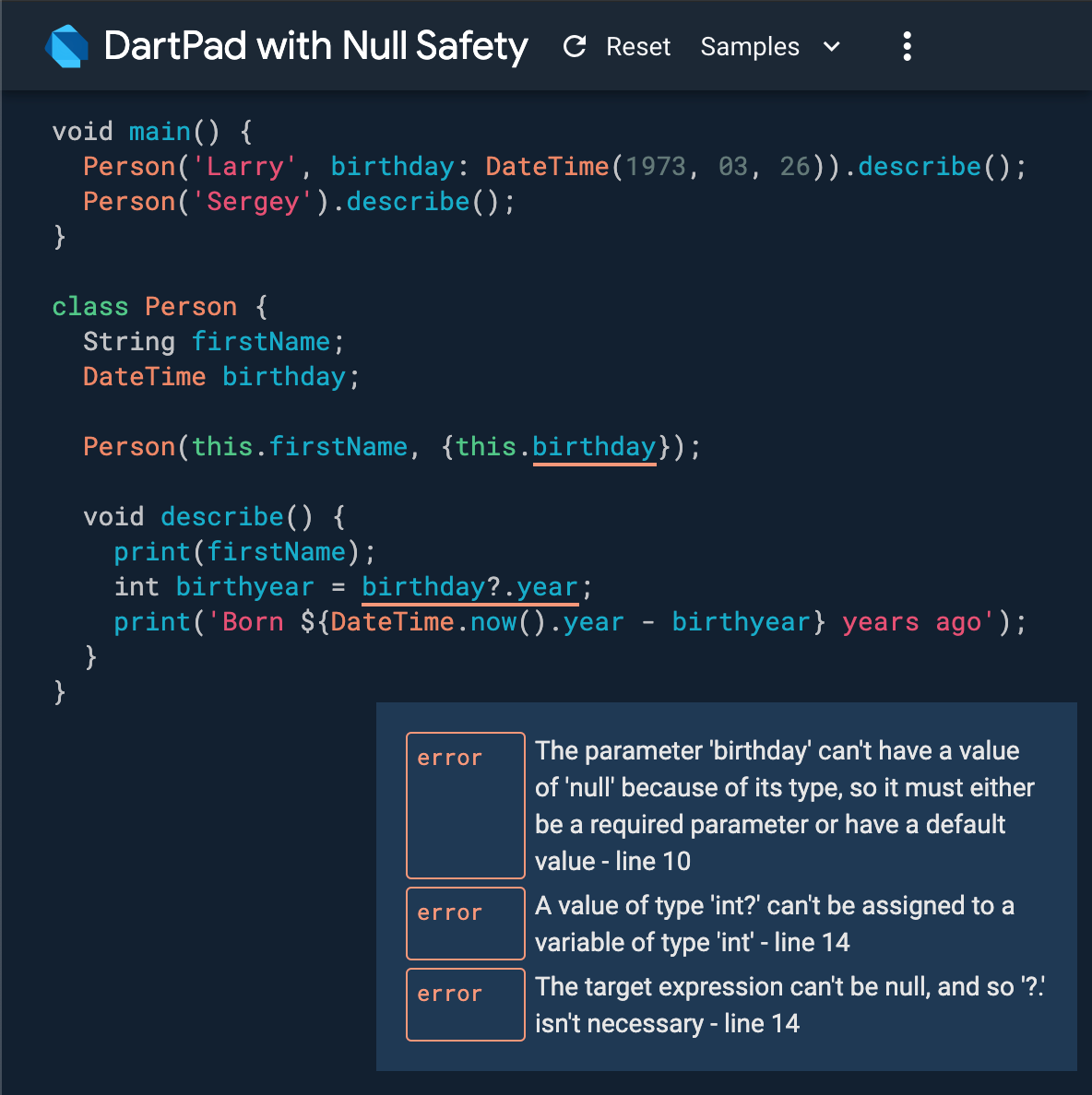 DartPad with null safety showing three analysis errors related to nulls