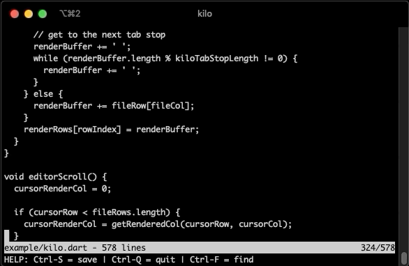 The kilo editor written in Dart and compiled to an executable with dart2native editing it’s own source code