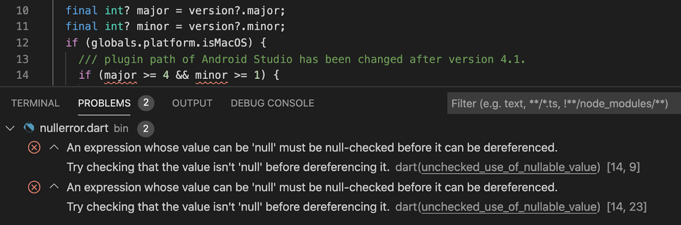 Screenshot of analysis output in an IDE