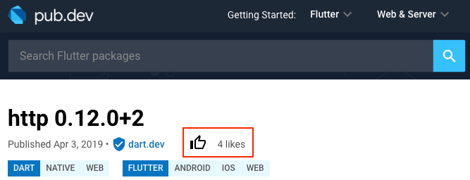 *pub.dev package detail page with new Like-feature voting button*