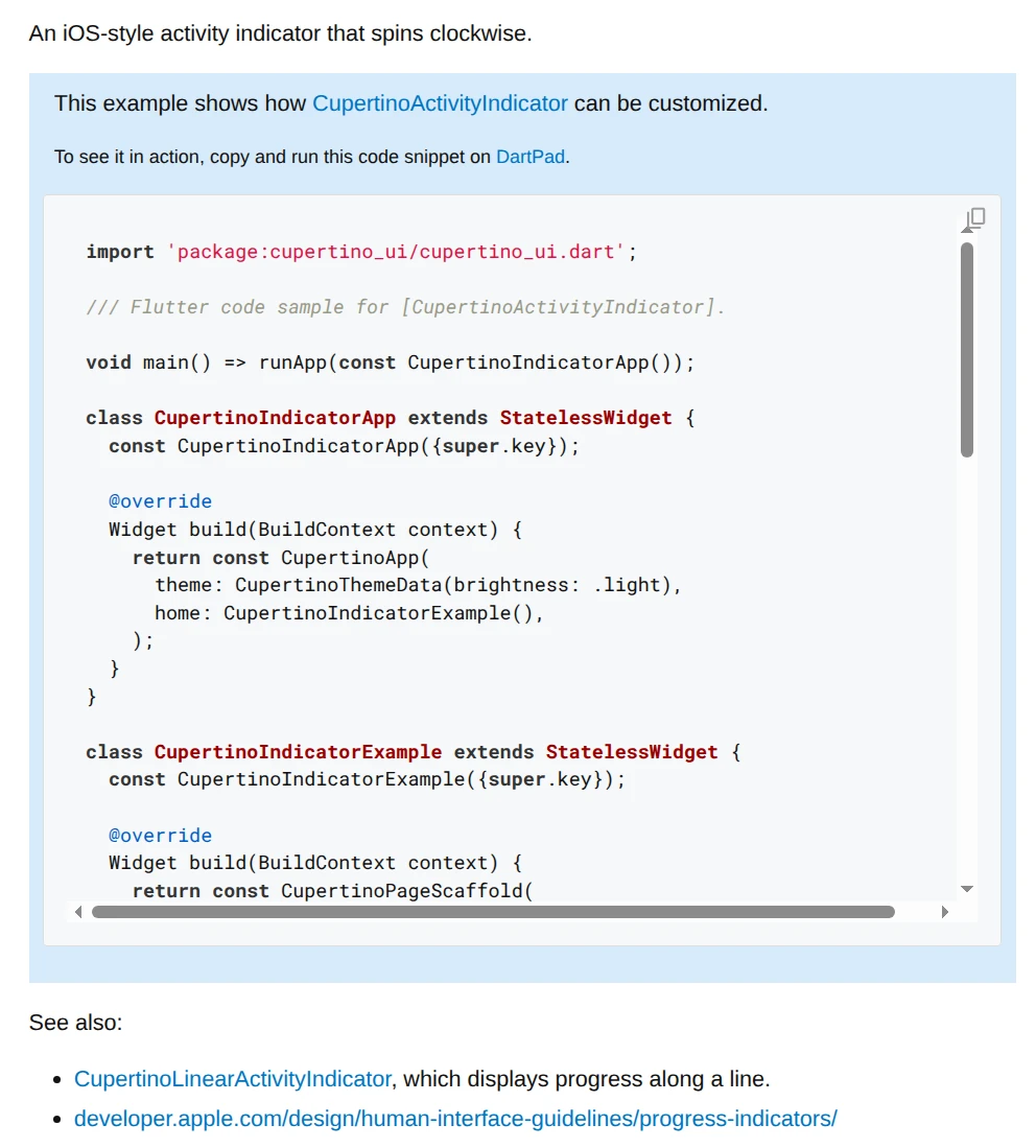 The cupertino_ui documentation on pub.dev displaying a 'callout-box' element with a blue border alongside an embedded '{@example}' code block.